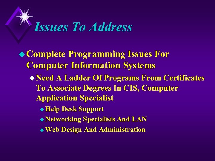 Issues To Address u Complete Programming Issues For Computer Information Systems u Need A