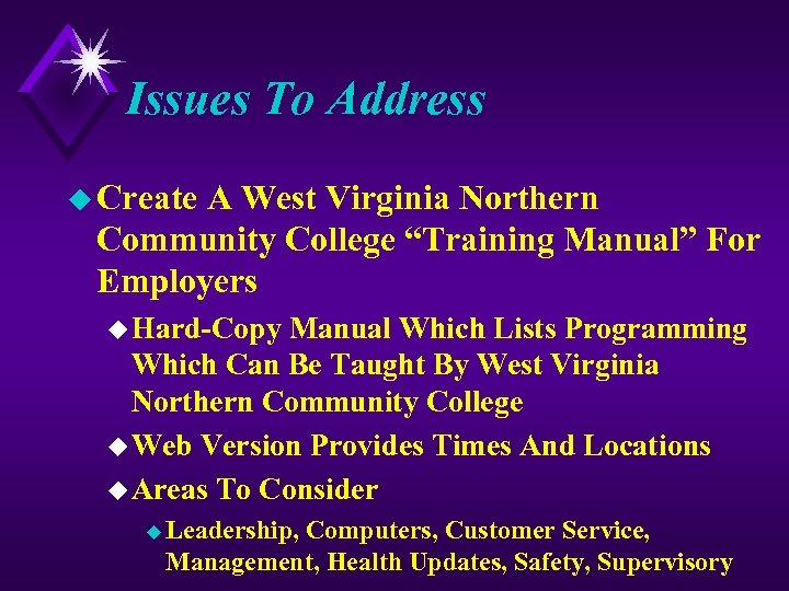 Issues To Address u Create A West Virginia Northern Community College “Training Manual” For
