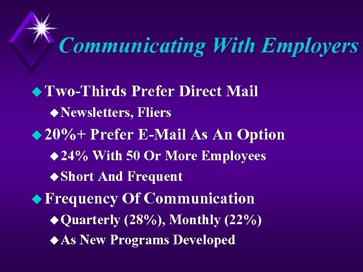 Communicating With Employers u Two-Thirds Prefer Direct Mail u Newsletters, u 20%+ Fliers Prefer