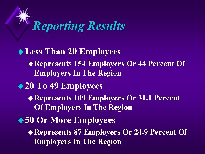 Reporting Results u Less Than 20 Employees u Represents 154 Employers Or 44 Percent