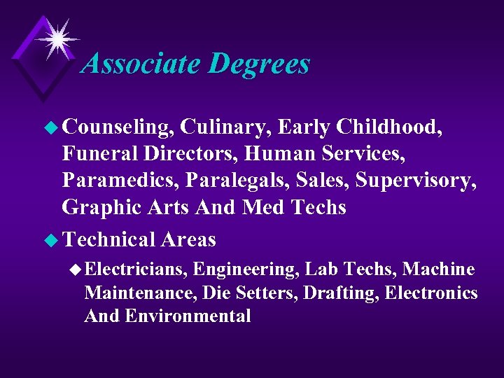 Associate Degrees u Counseling, Culinary, Early Childhood, Funeral Directors, Human Services, Paramedics, Paralegals, Sales,