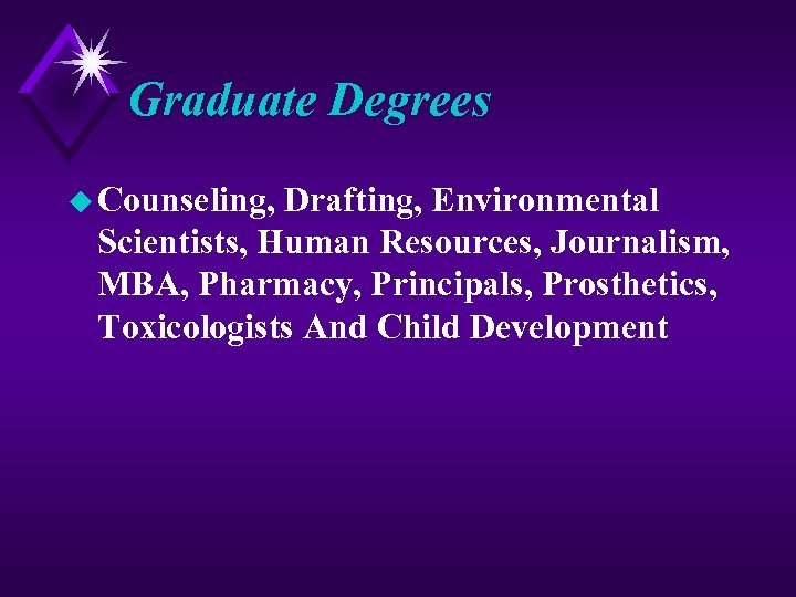 Graduate Degrees u Counseling, Drafting, Environmental Scientists, Human Resources, Journalism, MBA, Pharmacy, Principals, Prosthetics,
