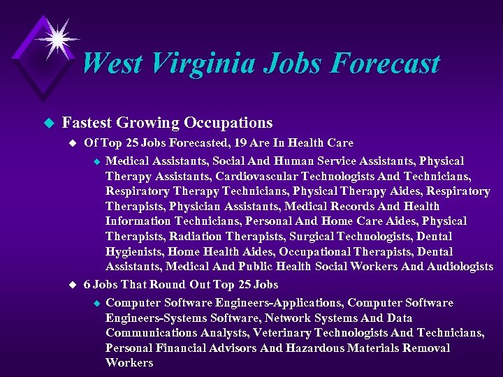 West Virginia Jobs Forecast u Fastest Growing Occupations u u Of Top 25 Jobs