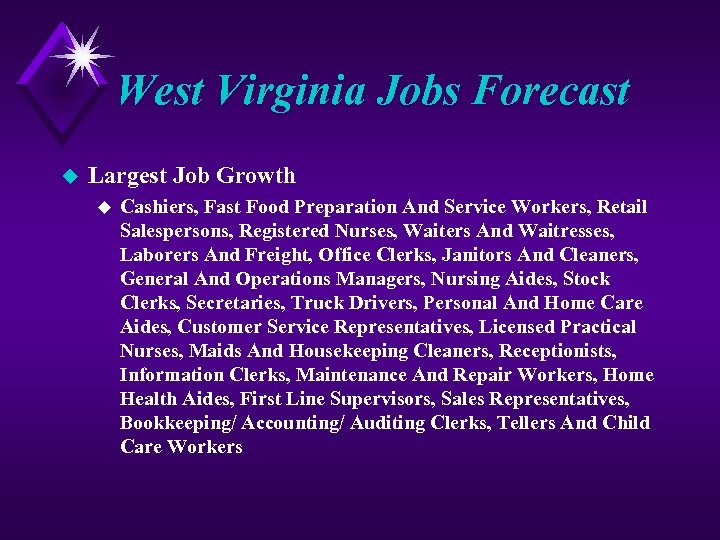 West Virginia Jobs Forecast u Largest Job Growth u Cashiers, Fast Food Preparation And