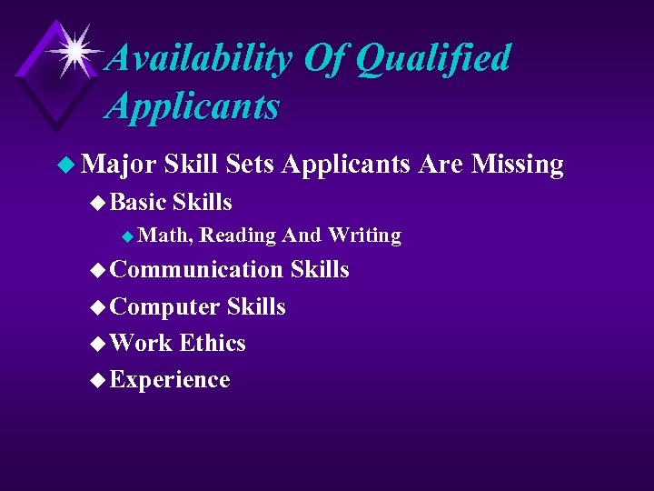 Availability Of Qualified Applicants u Major Skill Sets Applicants Are Missing u Basic Skills