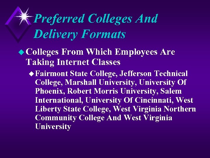 Preferred Colleges And Delivery Formats u Colleges From Which Employees Are Taking Internet Classes