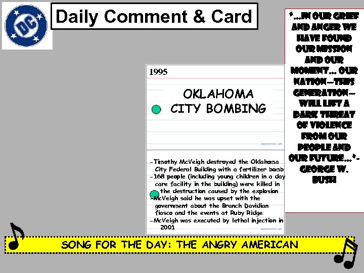 Daily Comment & Card 1995 OKLAHOMA CITY BOMBING -Timothy Mc. Veigh destroyed the Oklahoma