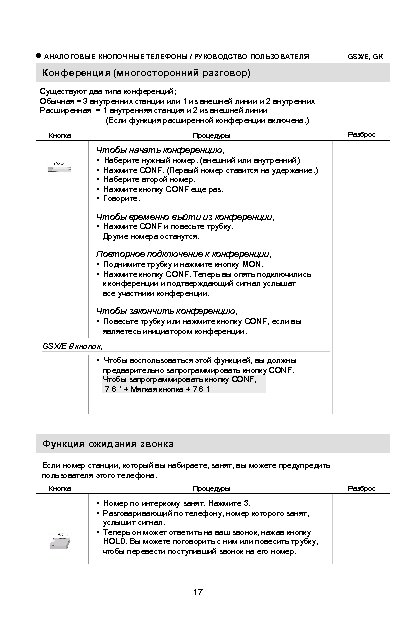  АНАЛОГОВЫЕ КНОПОЧНЫЕ ТЕЛЕФОНЫ / РУКОВОДСТВО ПОЛЬЗОВАТЕЛЯ GSX/E, GK Конференция (многосторонний разговор) Существуют два