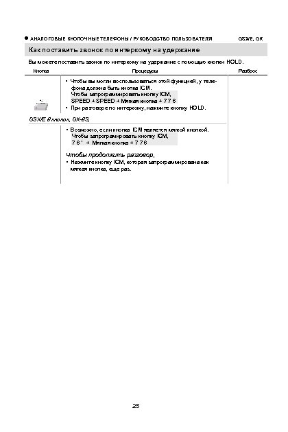  АНАЛОГОВЫЕ КНОПОЧНЫЕ ТЕЛЕФОНЫ / РУКОВОДСТВО ПОЛЬЗОВАТЕЛЯ GSX/E, GK Как поставить звонок по интеркому