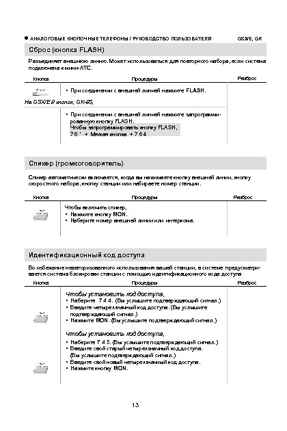  АНАЛОГОВЫЕ КНОПОЧНЫЕ ТЕЛЕФОНЫ / РУКОВОДСТВО ПОЛЬЗОВАТЕЛЯ GSX/E, GK Сброс (кнопка FLASH) Разъединяет внешнюю