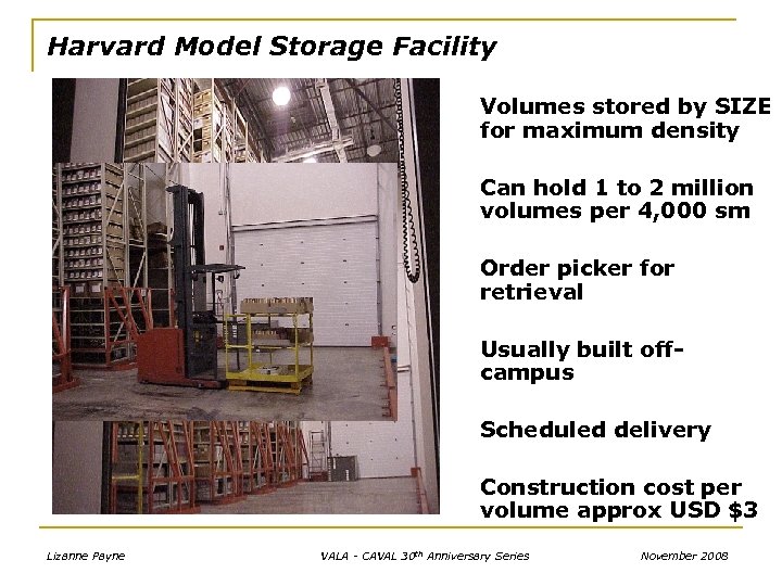 Harvard Model Storage Facility Volumes stored by SIZE for maximum density Can hold 1