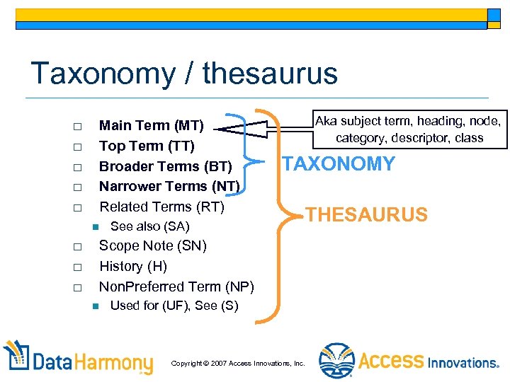 Taxonomy / thesaurus o o o Main Term (MT) Top Term (TT) Broader Terms