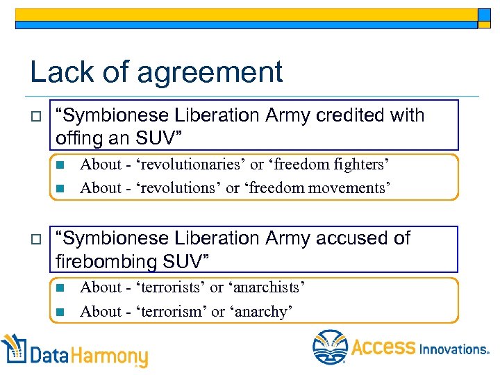 Lack of agreement o “Symbionese Liberation Army credited with offing an SUV” n n