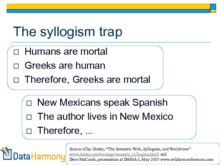 The syllogism trap o o o Humans are mortal Greeks are human Therefore, Greeks