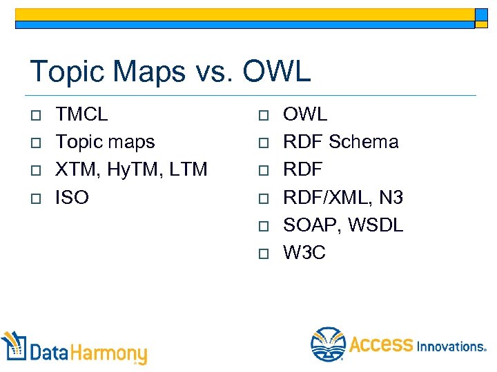 Topic Maps vs. OWL o o TMCL Topic maps XTM, Hy. TM, LTM ISO