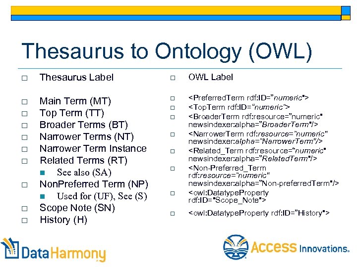 Thesaurus to Ontology (OWL) o Thesaurus Label o OWL Label o Main Term (MT)