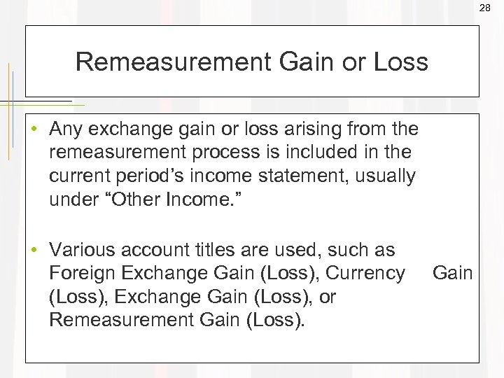28 Remeasurement Gain or Loss • Any exchange gain or loss arising from the