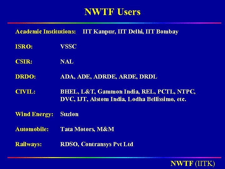 NWTF Users Academic Institutions: IIT Kanpur, IIT Delhi, IIT Bombay ISRO: VSSC CSIR: NAL