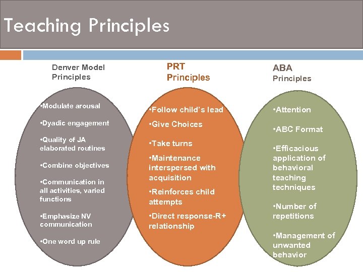 Teaching Principles Denver Model Principles PRT Principles • Modulate arousal • Follow child’s lead
