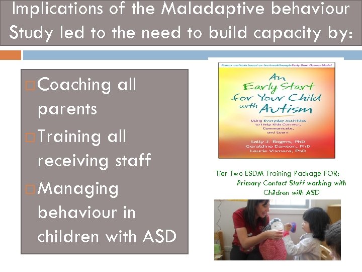 Implications of the Maladaptive behaviour Study led to the need to build capacity by:
