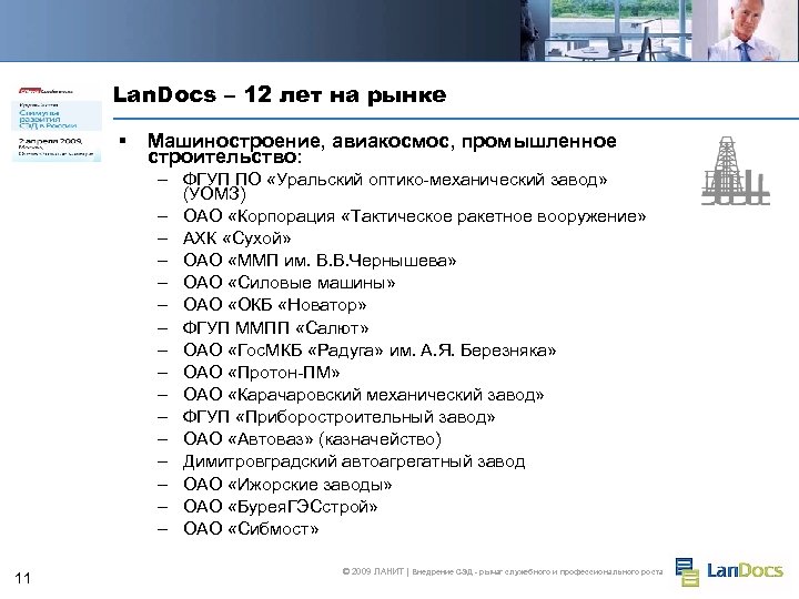 Lan. Docs – 12 лет на рынке § Машиностроение, авиакосмос, промышленное строительство: – ФГУП