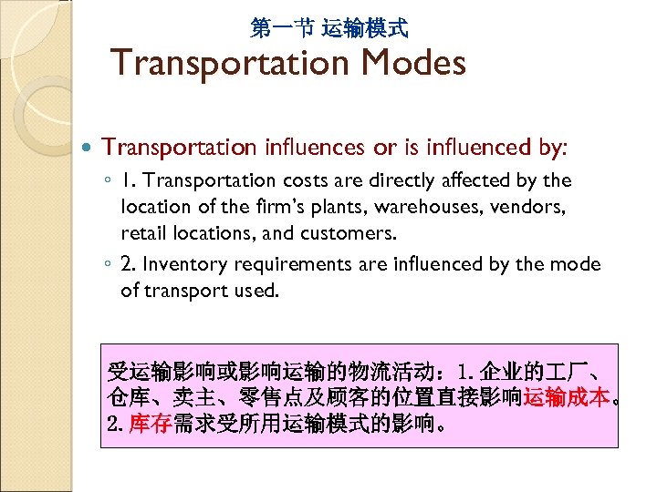 第一节 运输模式 Transportation Modes Transportation influences or is influenced by: ◦ 1. Transportation costs
