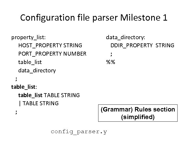 Configuration file parser Milestone 1 property_list: HOST_PROPERTY STRING PORT_PROPERTY NUMBER table_list data_directory ; table_list: