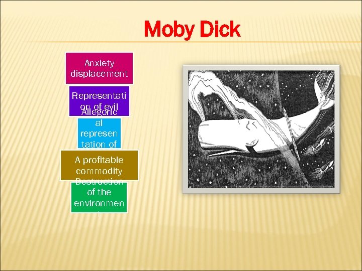 Moby Dick Anxiety displacement Representati on of evil Allegoric al represen tation of God