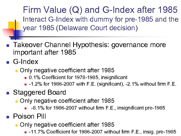Firm Value (Q) and G-Index after 1985 Interact G-Index with dummy for pre-1985 and