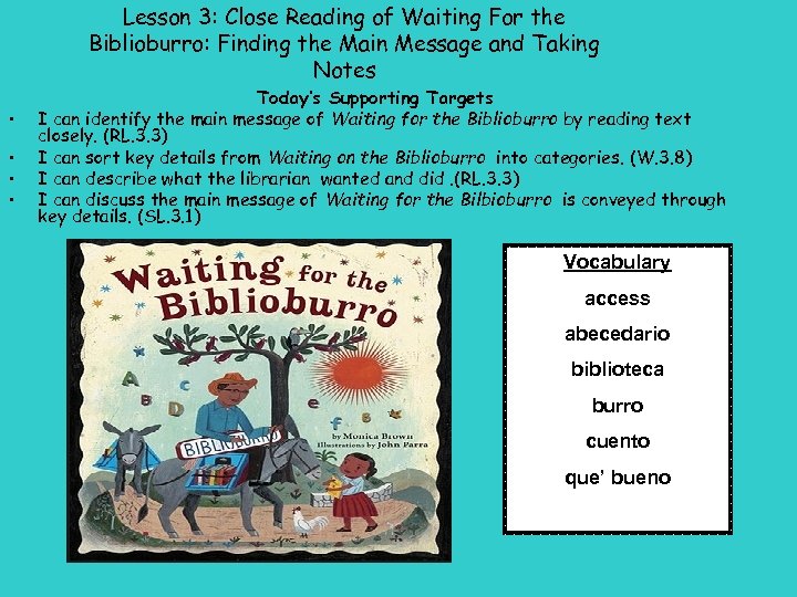 Lesson 3: Close Reading of Waiting For the Biblioburro: Finding the Main Message and