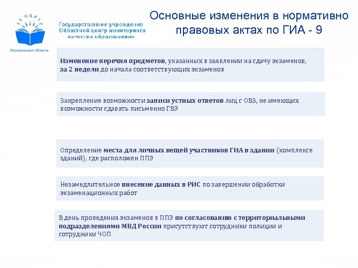 Основные изменения в нормативно правовых актах по ГИА - 9 Изменение перечня предметов, указанных