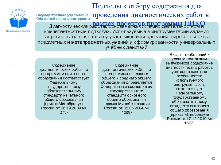 Подходы к отбору содержания для проведения диагностических работ в рамках проектов программы НИКО Диагностические