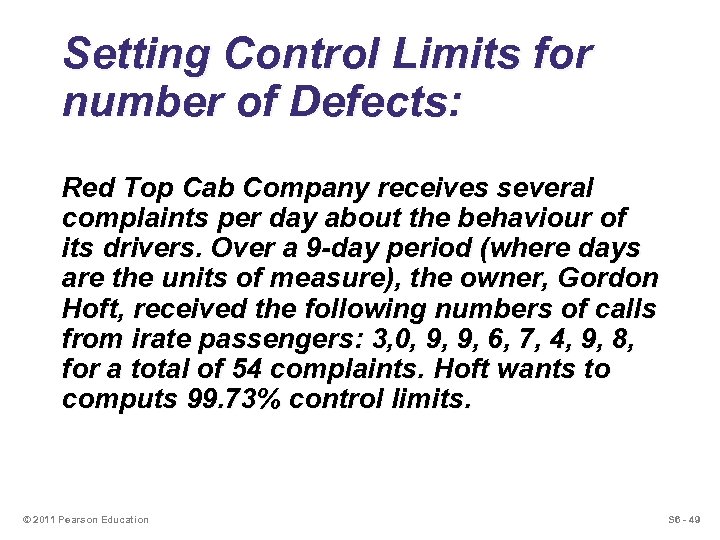 Setting Control Limits for number of Defects: Red Top Cab Company receives several complaints