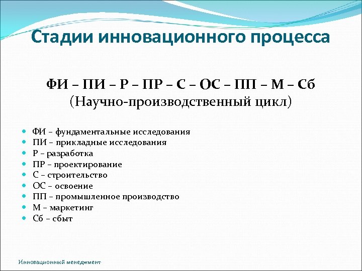 Стадии инновационного процесса ФИ – ПИ – Р – ПР – С – ОС