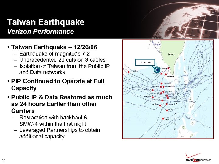 Taiwan Earthquake Verizon Performance • Taiwan Earthquake – 12/26/06 – Earthquake of magnitude 7.