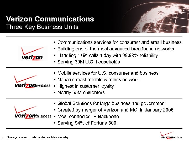 Verizon Communications Three Key Business Units • • Mobile services for U. S. consumer