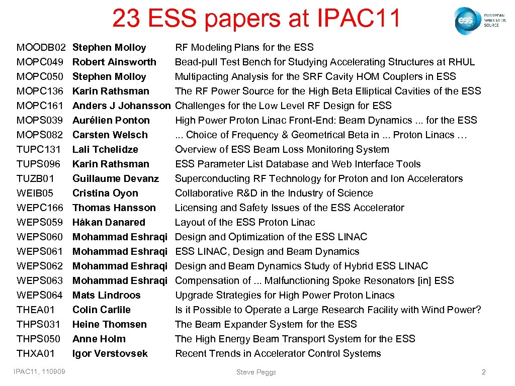 23 ESS papers at IPAC 11 MOODB 02 MOPC 049 MOPC 050 MOPC 136