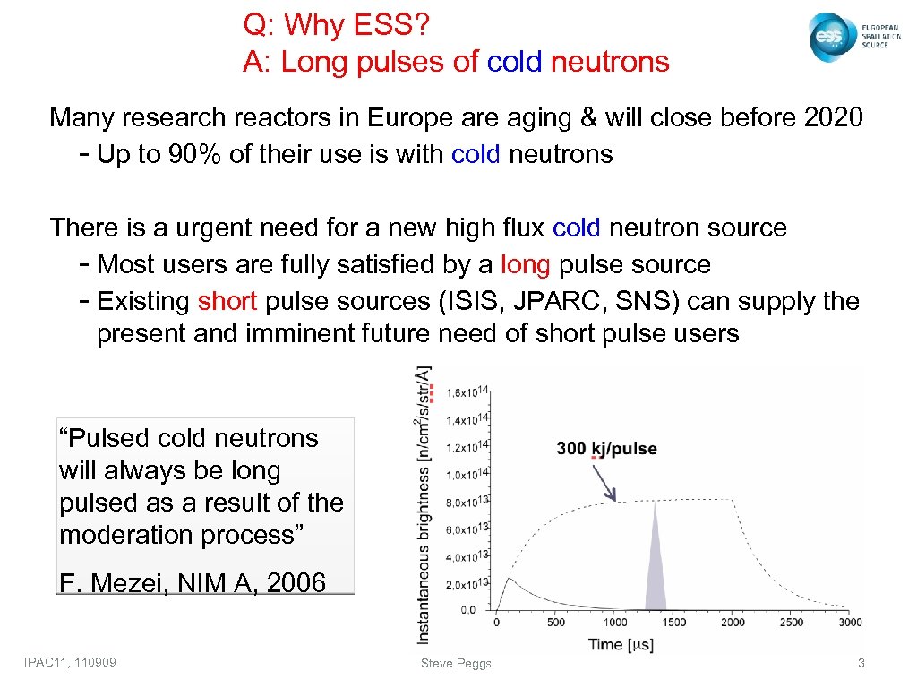 Q: Why ESS? A: Long pulses of cold neutrons Many research reactors in Europe