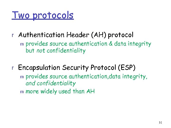 Two protocols r Authentication Header (AH) protocol m provides source authentication & data integrity