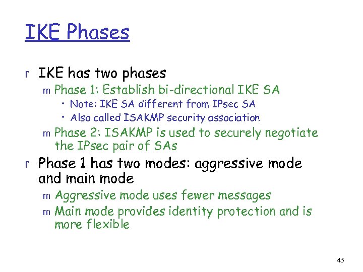 IKE Phases r IKE has two phases m Phase 1: Establish bi-directional IKE SA