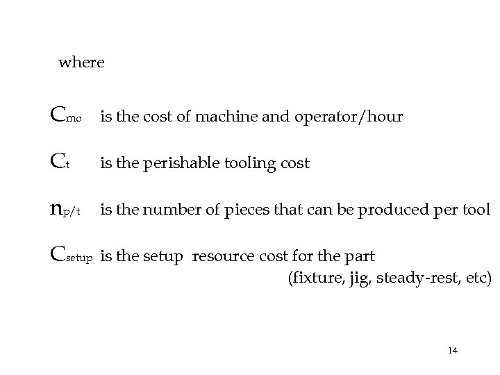where Cmo is the cost of machine and operator/hour Ct is the perishable tooling