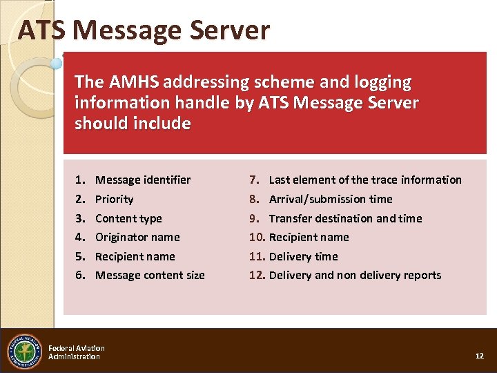 ATS Message Server The AMHS addressing scheme and logging information handle by ATS Message