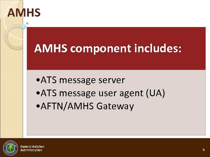 AMHS component includes: • ATS message server • ATS message user agent (UA) •