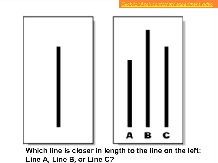 Click for Asch conformity experiment video Which line is closer in length to the