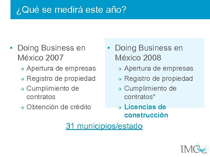 ¿Qué se medirá este año? • Doing Business en México 2007 à à Apertura