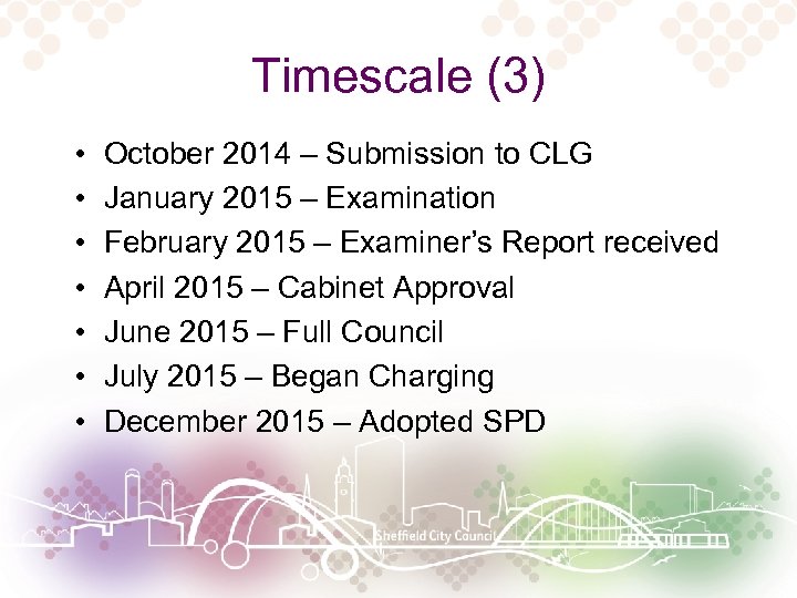 Timescale (3) • • October 2014 – Submission to CLG January 2015 – Examination