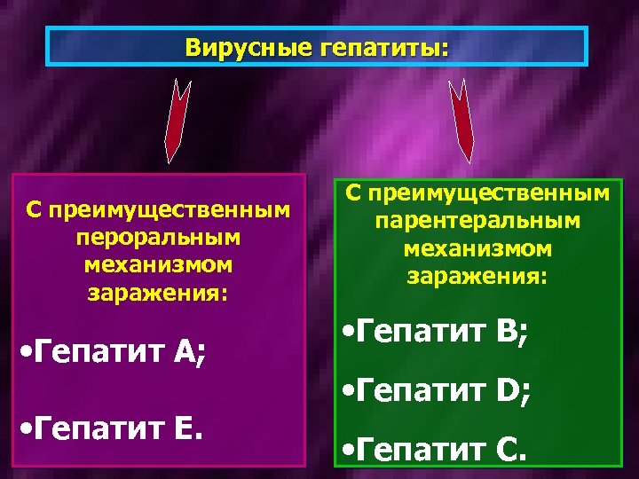 Вирусные гепатиты: С преимущественным пероральным механизмом заражения: • Гепатит А; • Гепатит Е. С