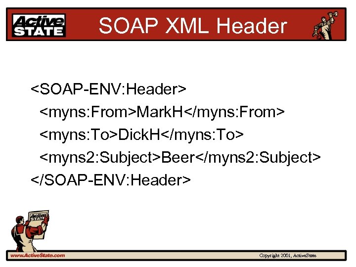 SOAP XML Header <SOAP-ENV: Header> <myns: From>Mark. H</myns: From> <myns: To>Dick. H</myns: To> <myns