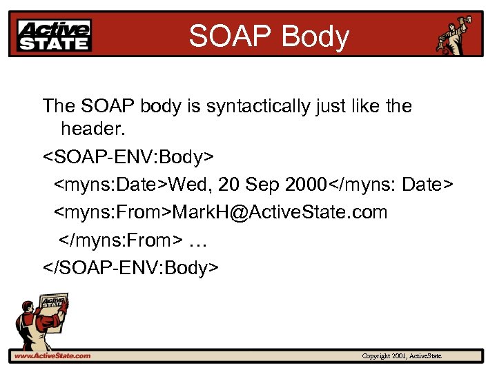 SOAP Body The SOAP body is syntactically just like the header. <SOAP-ENV: Body> <myns: