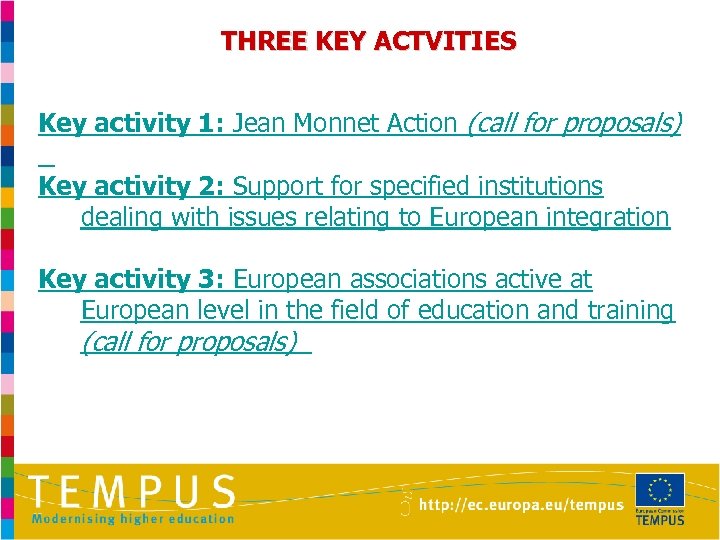 THREE KEY ACTVITIES Key activity 1: Jean Monnet Action (call for proposals) Key activity
